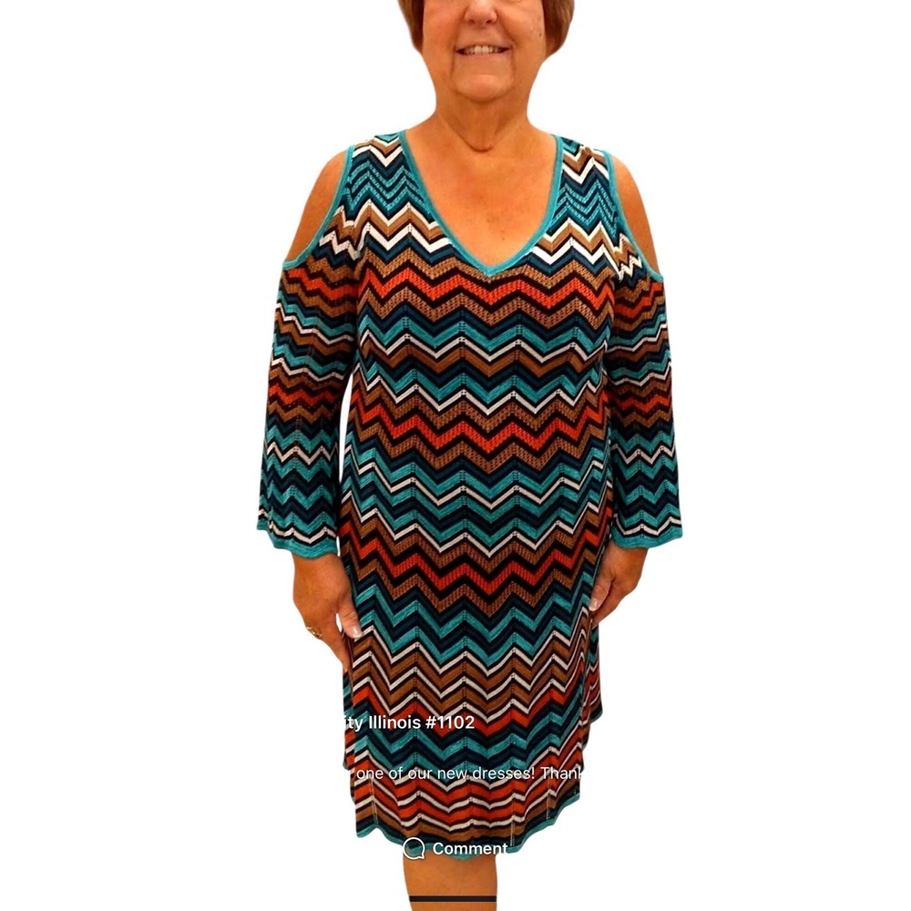Cato Women Teal Orange Chevron Crochet Cold Shoulder V-Neck Midi Dress Large
